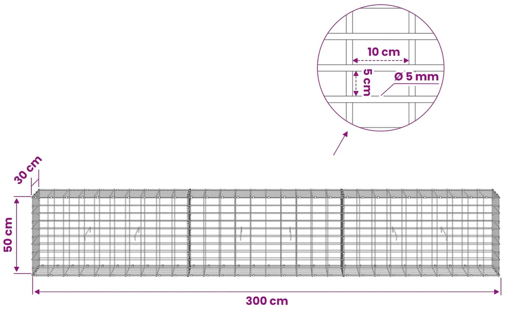 Gabionas su 5 mm Viela ir 5x10 cm Tinkleliu 300x30x50 cm
