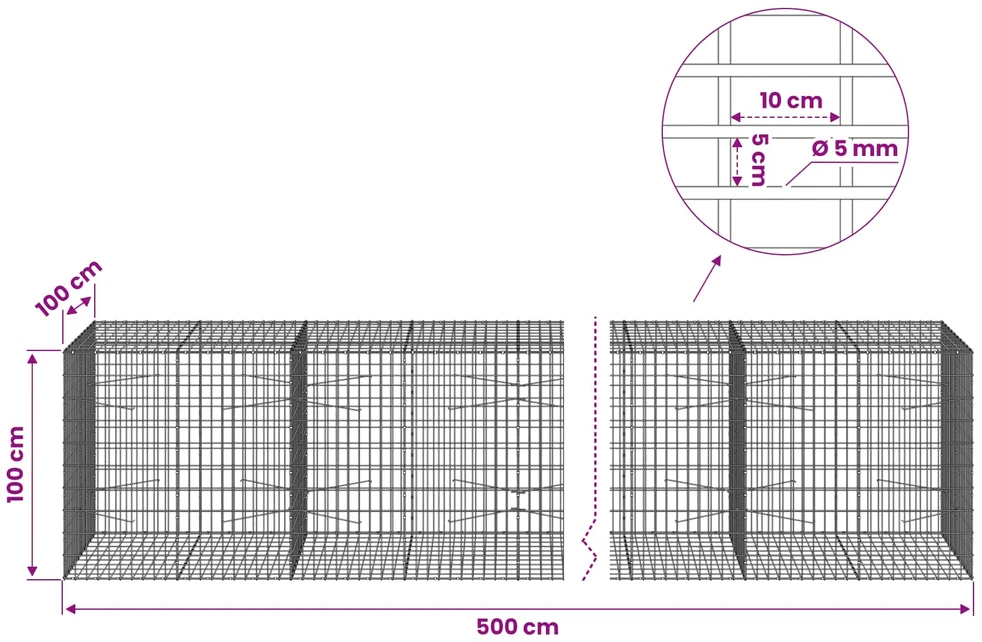 Gabionas su 5 mm Viela ir 5x10 cm Tinkleliu 500x100x100 cm
