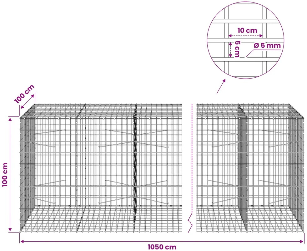 Gabionas su 5 mm viela ir 5x10 cm tinkleliu 1050x100x100 cm