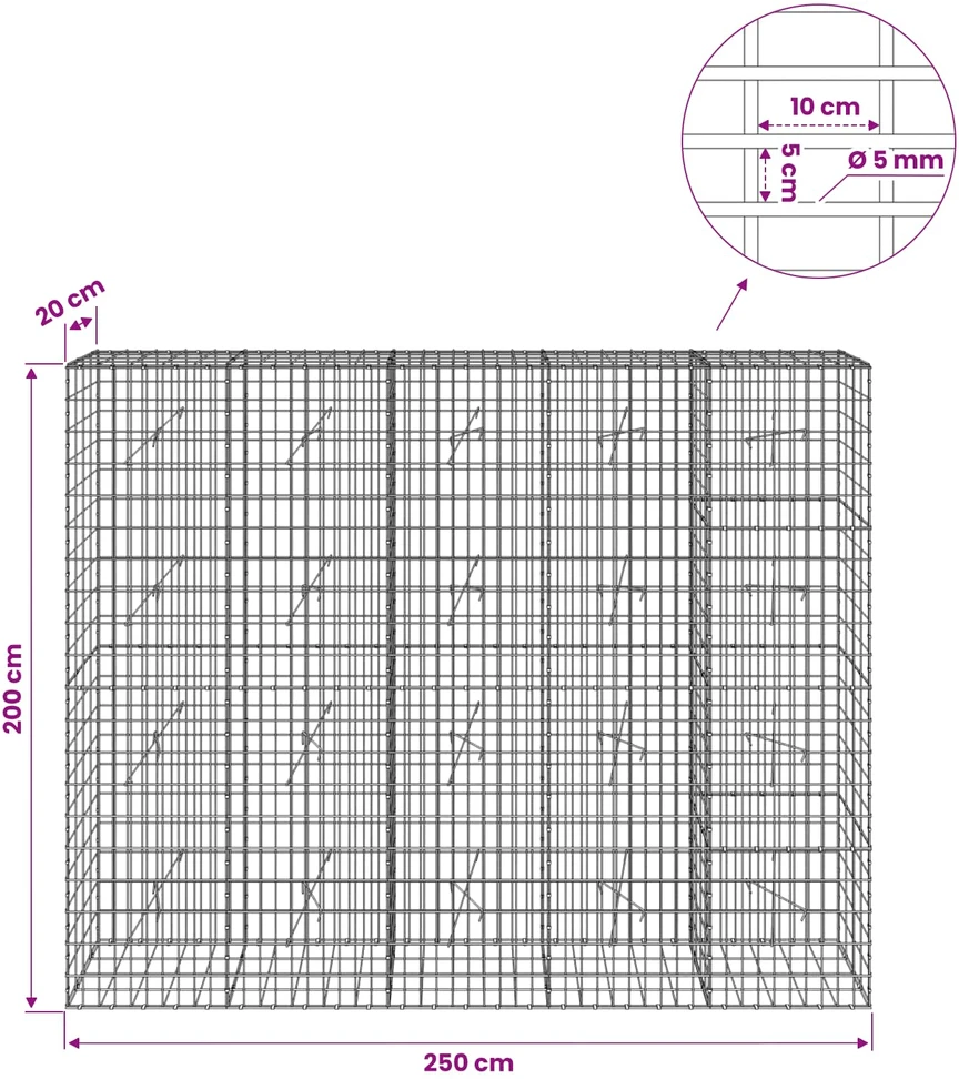 Gabionas su 5 mm viela ir 5x10 cm tinkleliu 250x20x200 cm