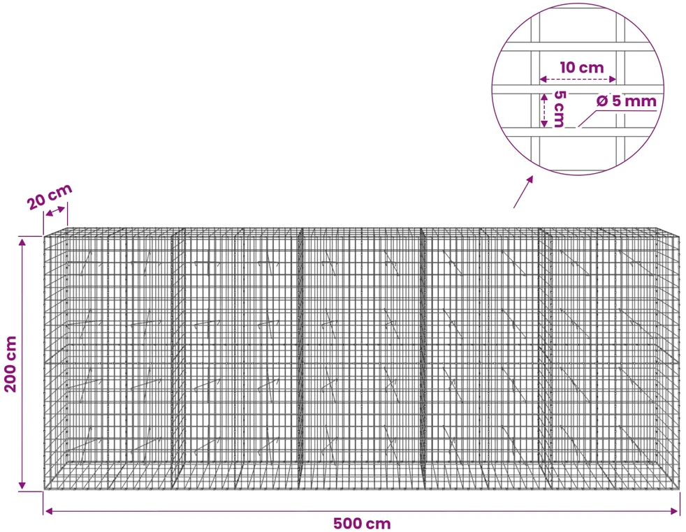 Gabionas su 5 mm Viela ir 5x10 cm Tinkleliu 500x20x200 cm