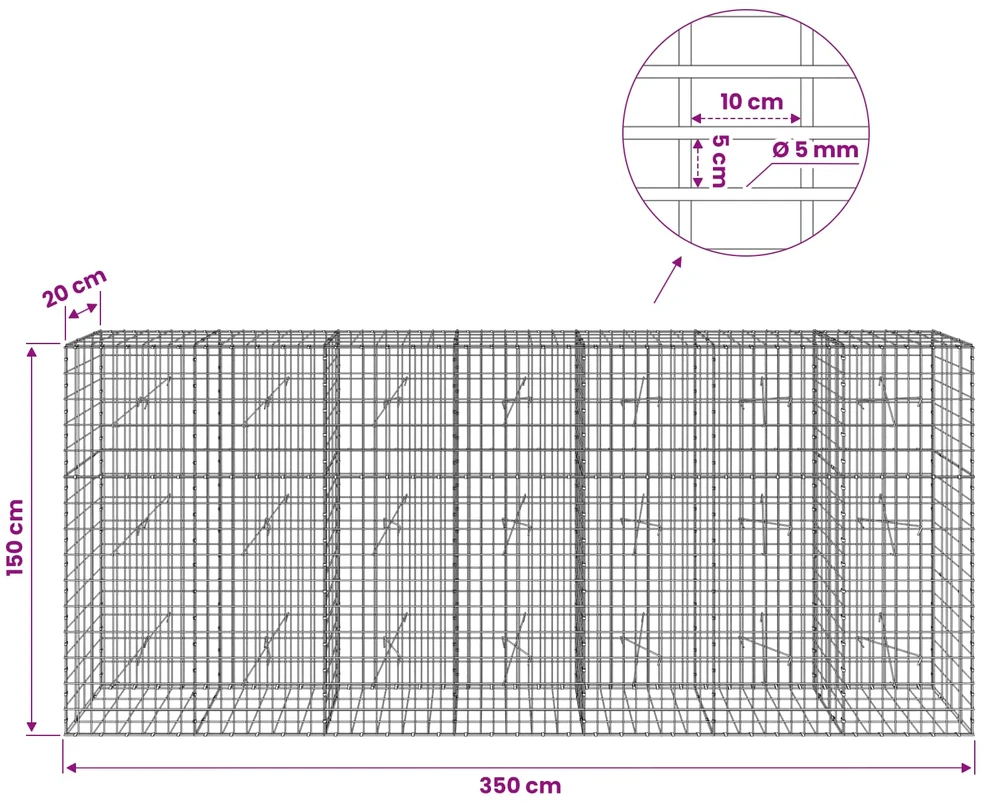 Gabionas su 5 mm viela ir 5x10 cm tinkleliu 350x20x150 cm