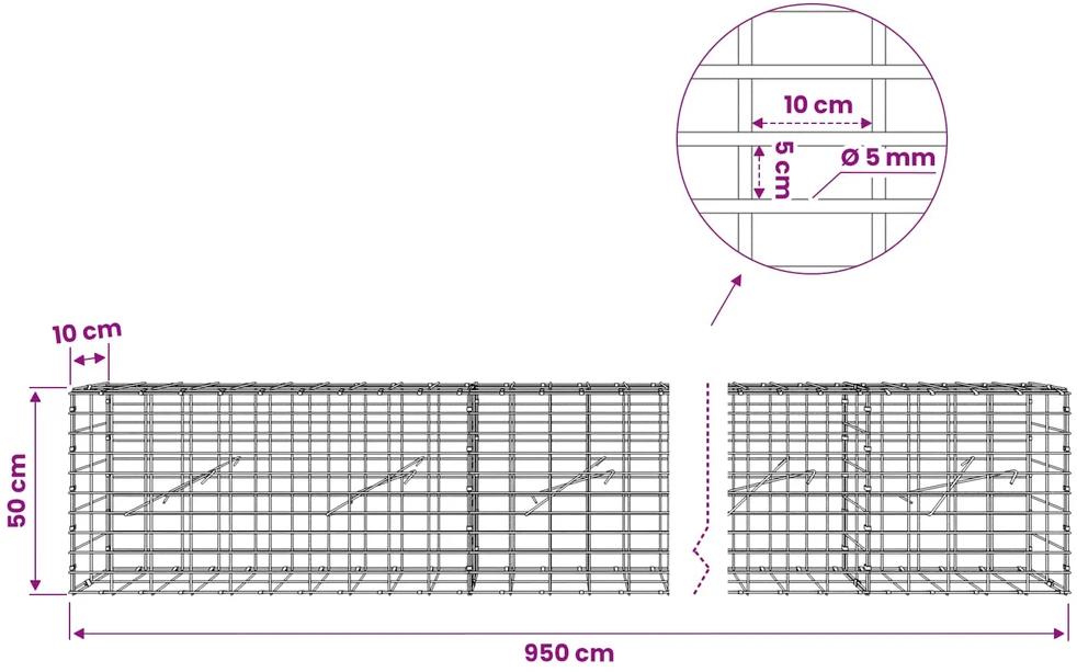 Gabionas su 5 mm viela ir 5x10 cm tinkleliu 950x10x50 cm