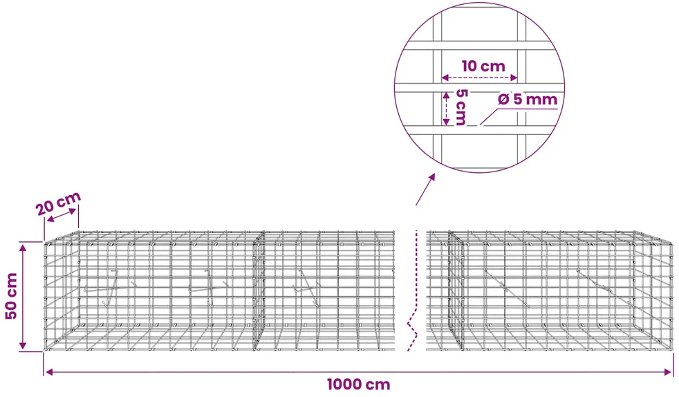 Gabionas su 5 mm viela ir 5x10 cm tinkleliu 1000x20x50 cm