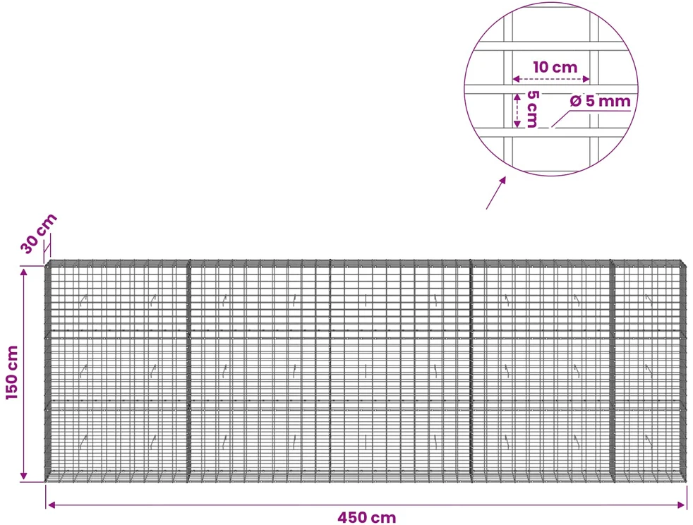 Gabionas su 5 mm viela ir 5x10 cm tinkleliu 450x30x150 cm