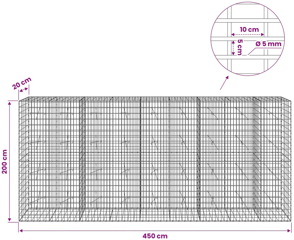 Gabionas su 5 mm Viela ir 5x10 cm Tinkleliu 450x20x200 cm
