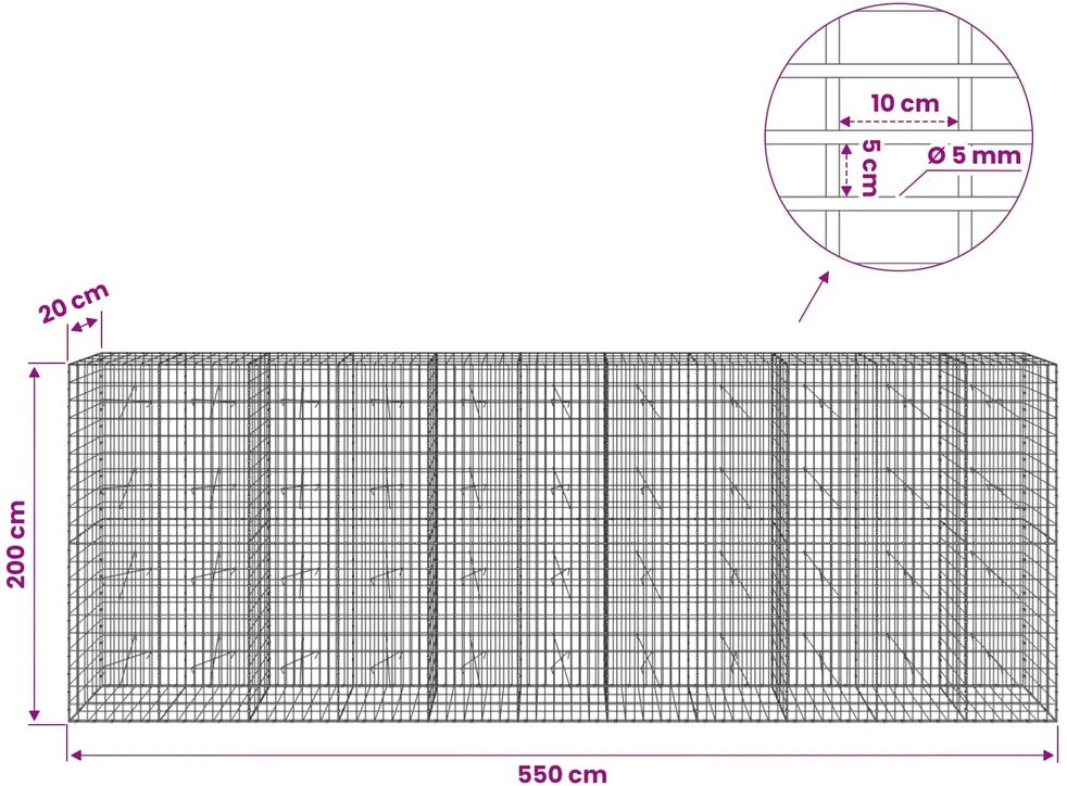 Gabionas su 5 mm viela ir 5x10 cm tinkleliu 550x20x200 cm