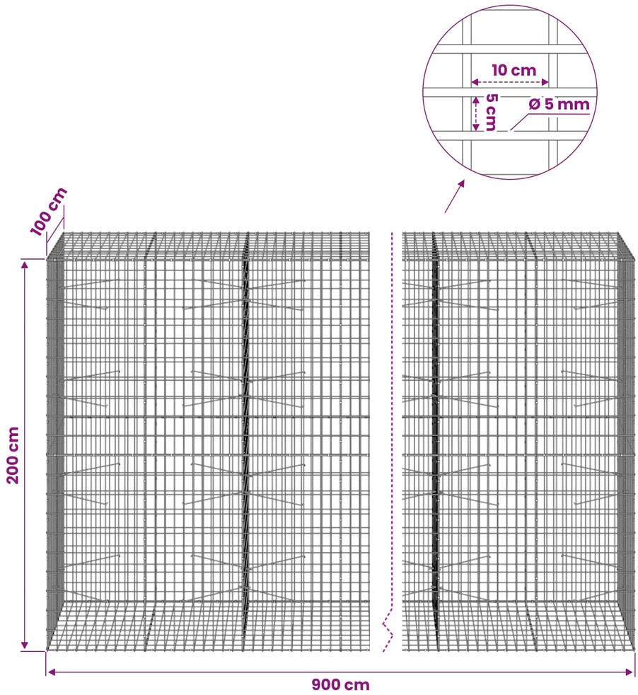 Gabionas su 5 mm Viela ir 5x10 cm Tinkleliu 900x100x200 cm