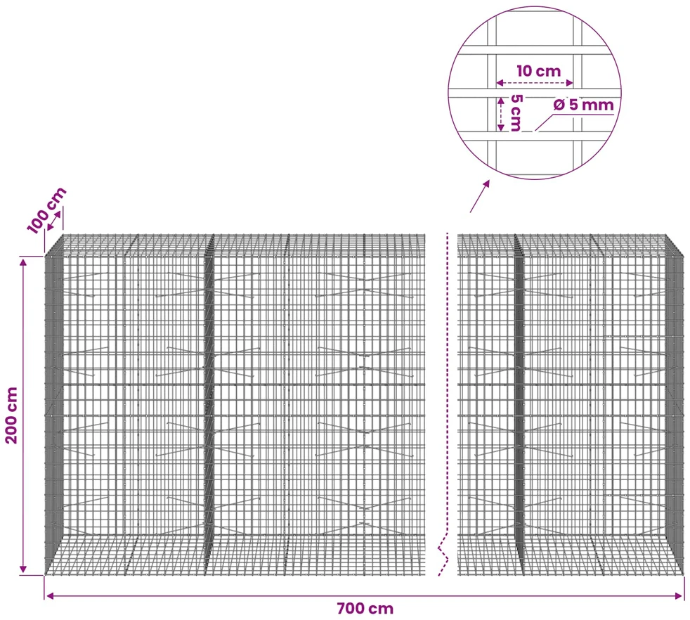 Gabionas su 5 mm viela ir 5x10 cm tinkleliu 700x100x200 cm