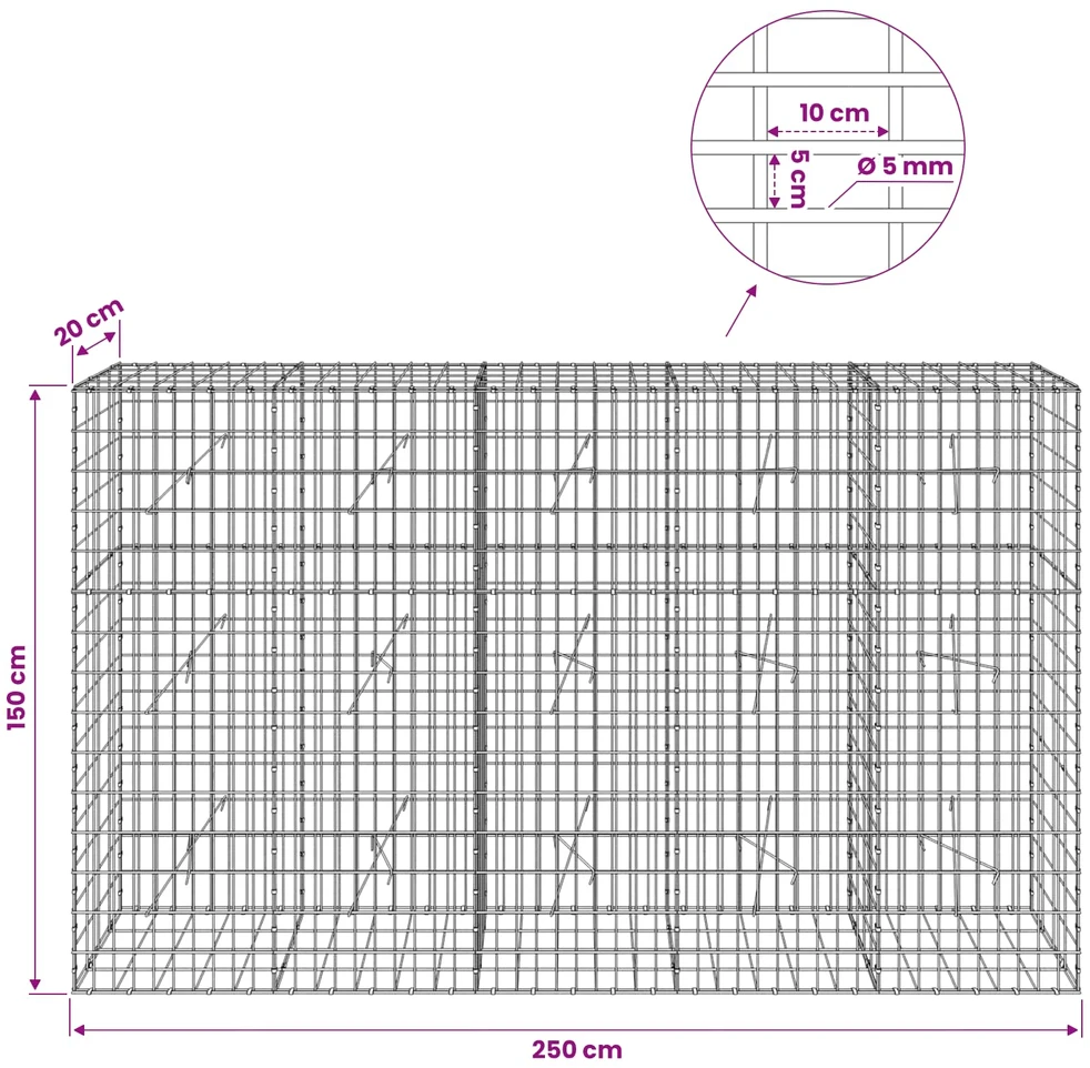 Gabionas su 5 mm viela ir 5x10 cm tinkleliu 250x20x150 cm