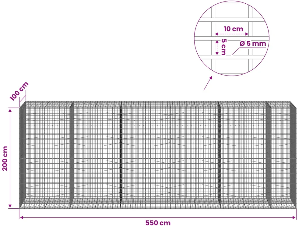 Gabionas su 5 mm Viela ir 5x10 cm Tinkleliu 550x100x200 cm