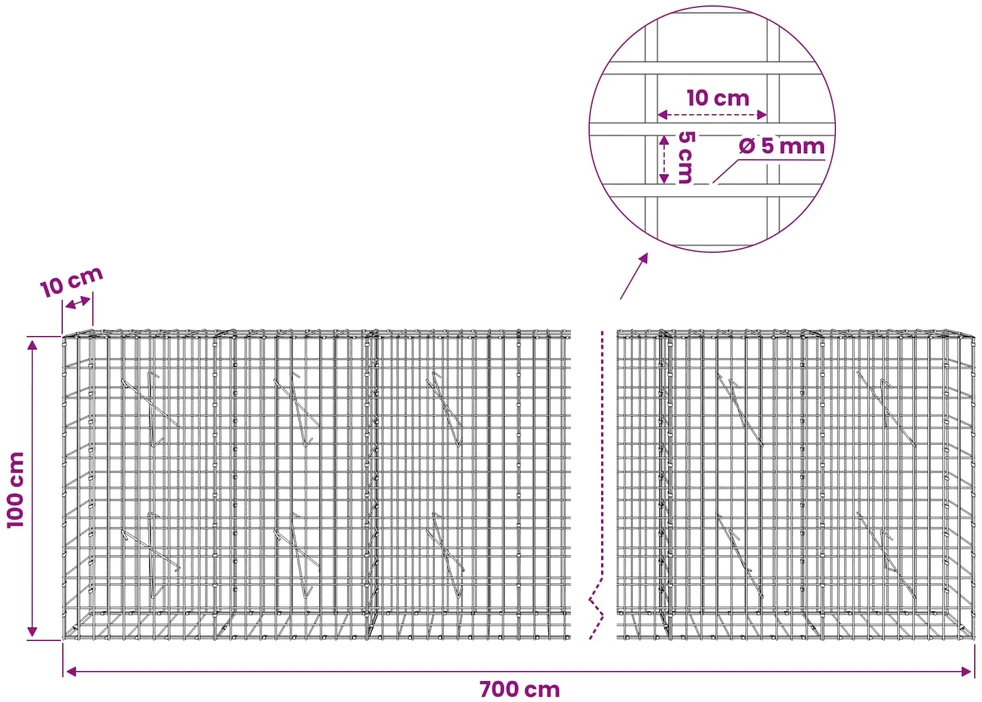 Gabionas su 5 mm Viela ir 5x10 cm Tinkleliu 700x10x100 cm