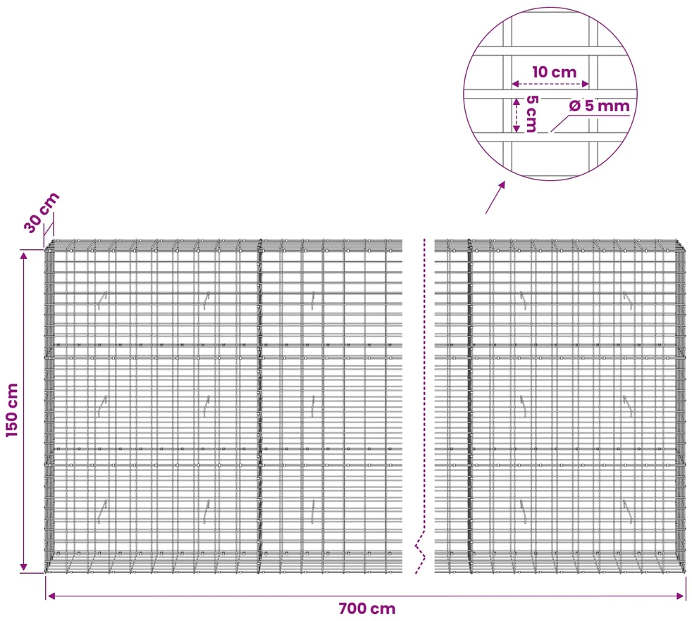 Gabionas su 5 mm Viela ir 5x10 cm Tinkleliu 700x30x150 cm