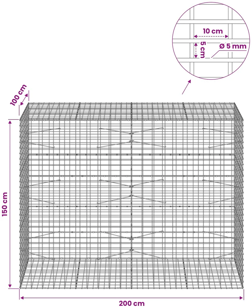 Gabionas su 5 mm viela ir 5x10 cm tinkleliu 200x100x150 cm