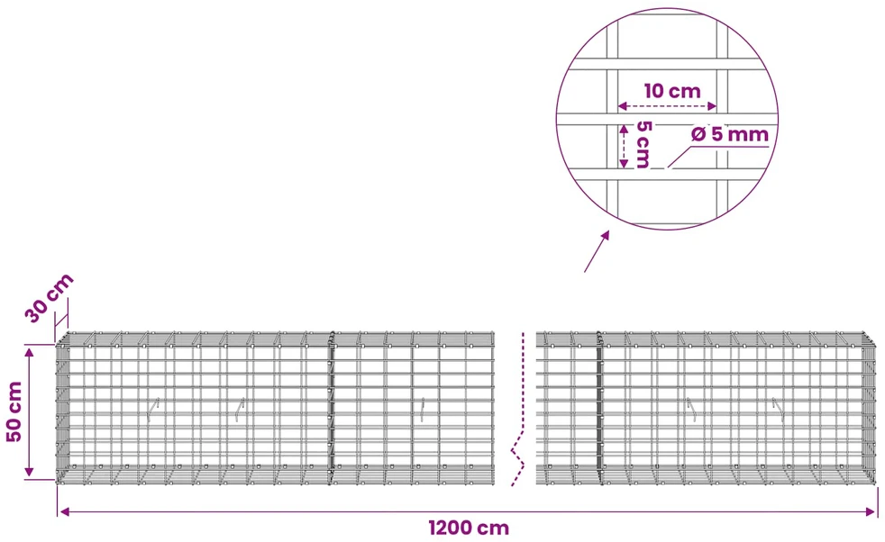 Gabionas su 5 mm Viela ir 5x10 cm Tinkleliu 1200x30x50 cm
