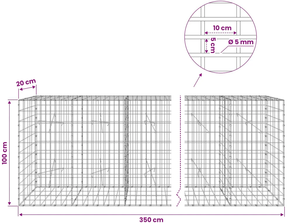 Gabionas su 5 mm viela ir 5x10 cm tinkleliu 350x20x100 cm