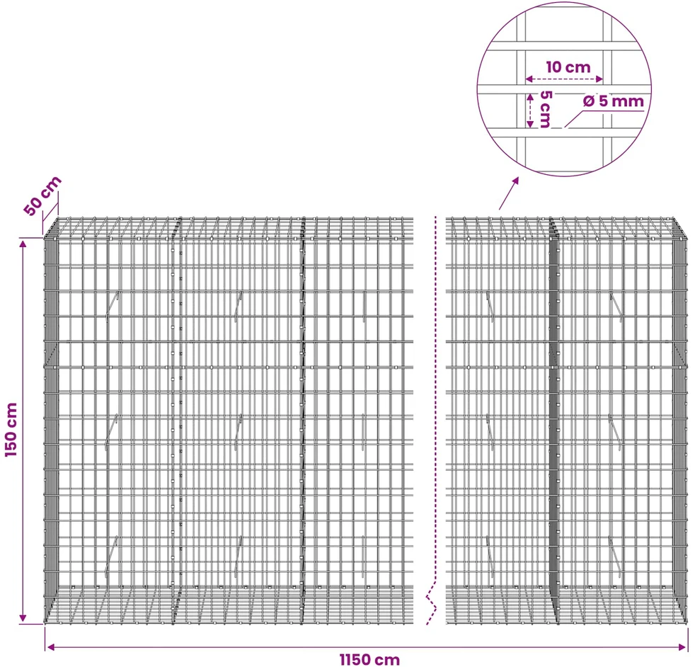 Gabionas su 5 mm viela ir 5x10 cm tinkleliu 1150x50x150 cm