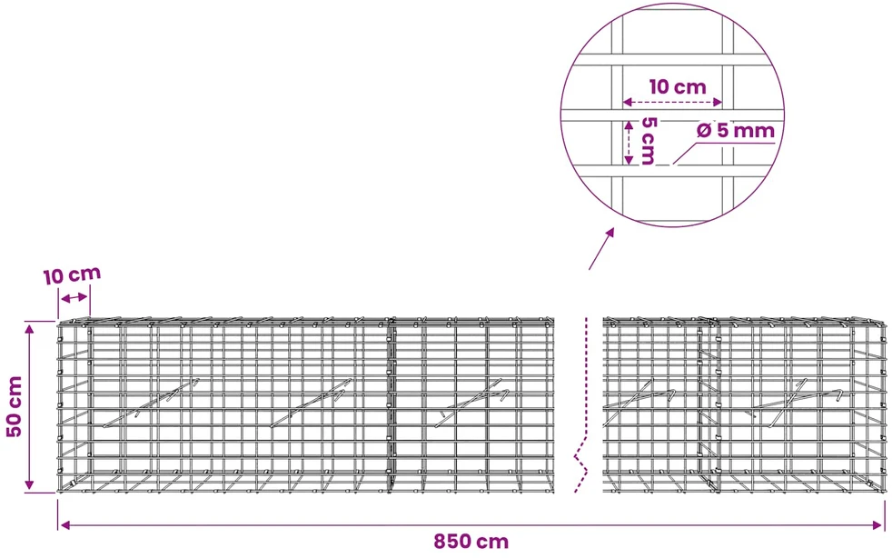 Gabionas su 5 mm viela ir 5x10 cm tinkleliu 850x10x50 cm