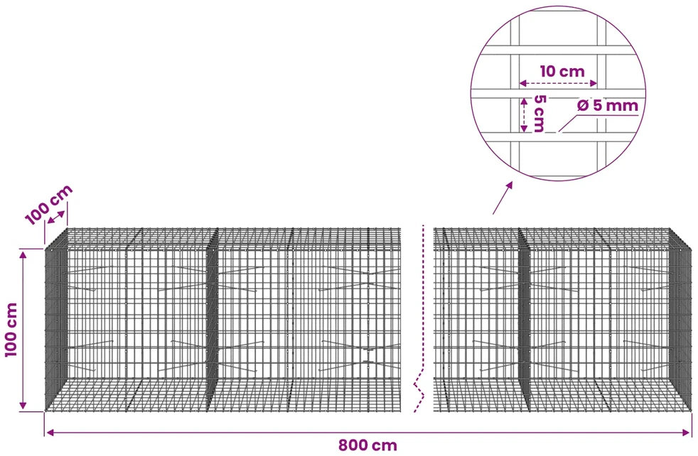 Gabionas su 5 mm viela ir 5x10 cm tinkleliu 800x100x100 cm