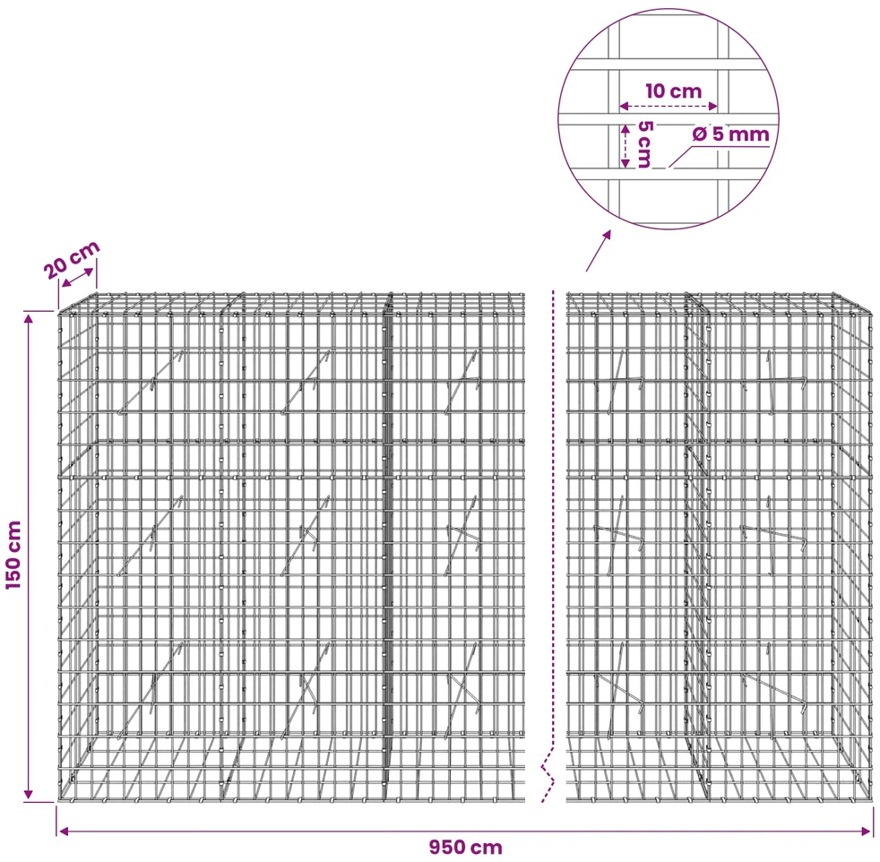 Gabionas su 5 mm viela ir 5x10 cm tinkleliu 950x20x150 cm