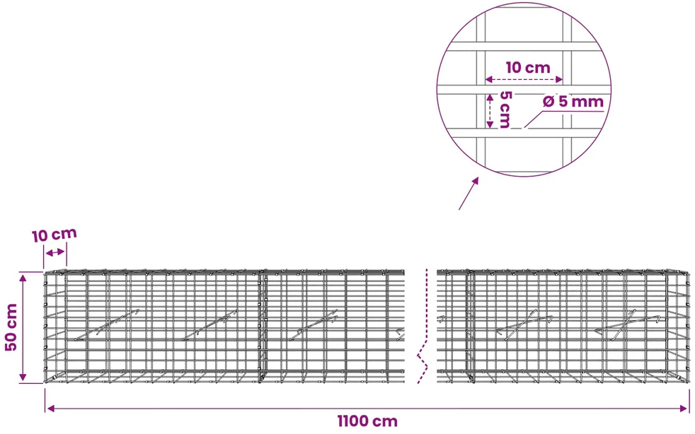 Gabionas su 5 mm Viela ir 5x10 cm Tinkleliu 1100x10x50 cm