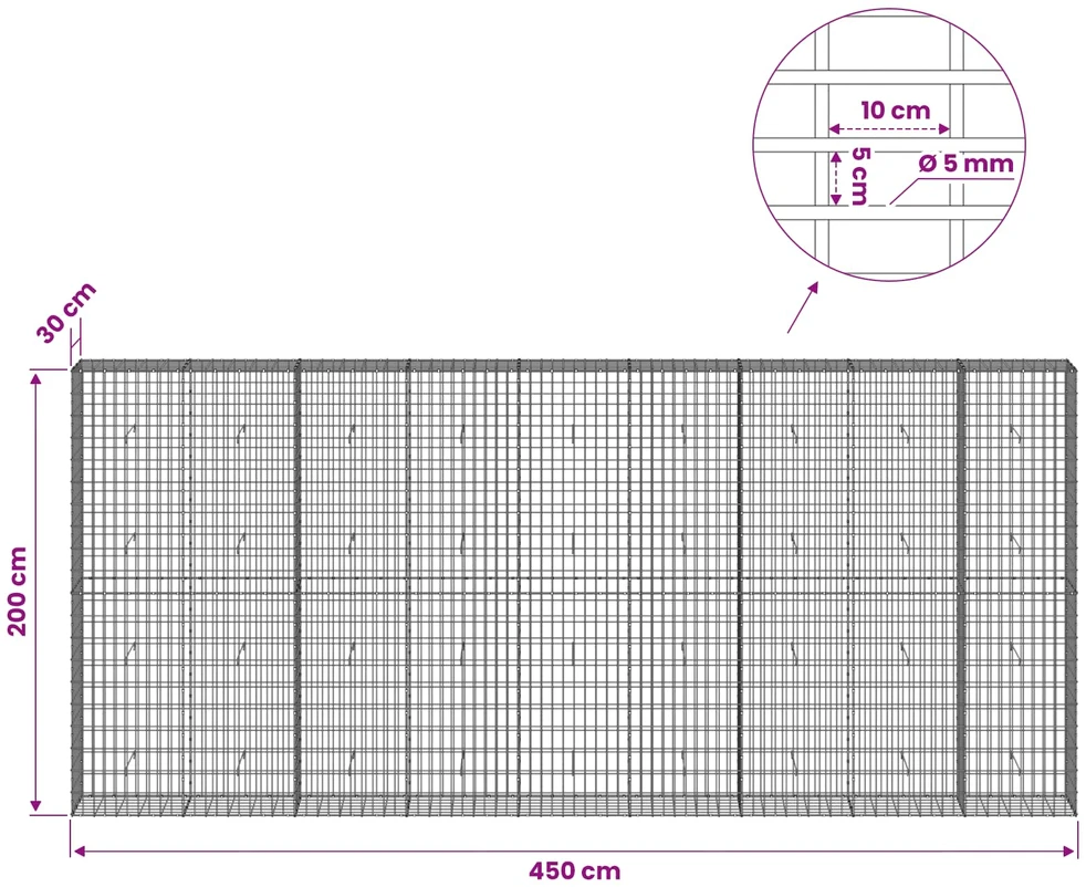 Gabionas su 5 mm Viela ir 5x10 cm Tinkleliu 450x30x200 cm