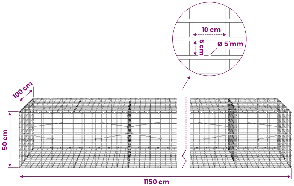 Gabionas su 5 mm viela ir 5x10 cm tinkleliu 1150x100x50 cm