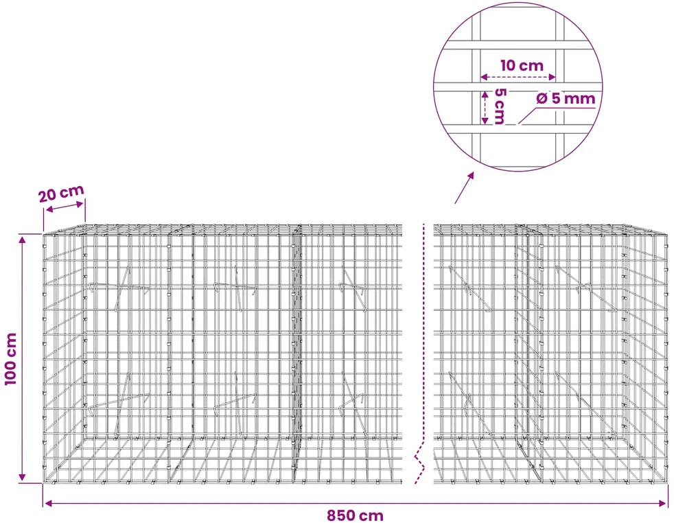 Gabionas su 5 mm Viela ir 5x10 cm Tinkleliu 850x20x100 cm