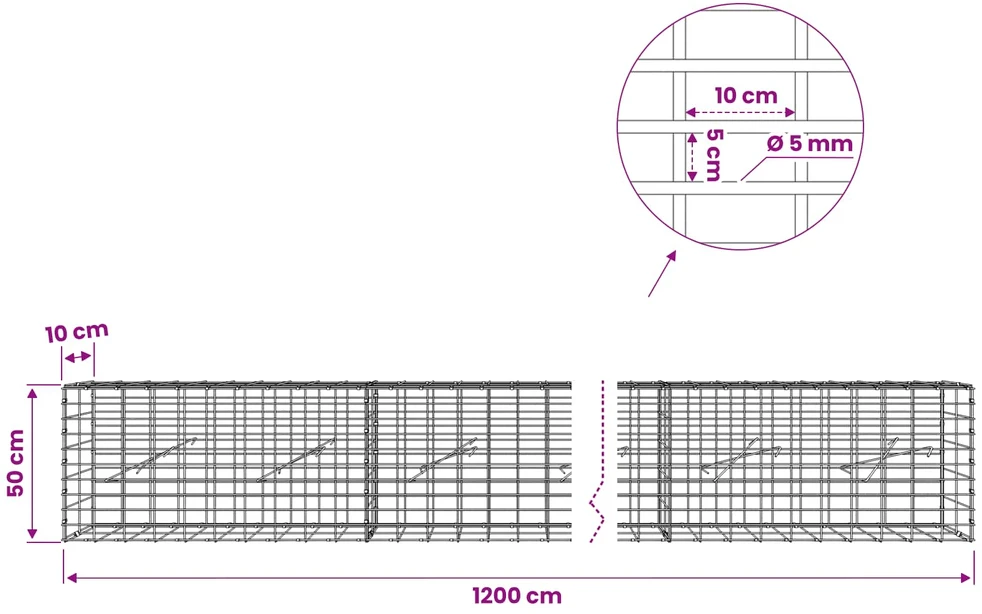 Gabionas su 5 mm Viela ir 5x10 cm Tinkleliu 1200x10x50 cm