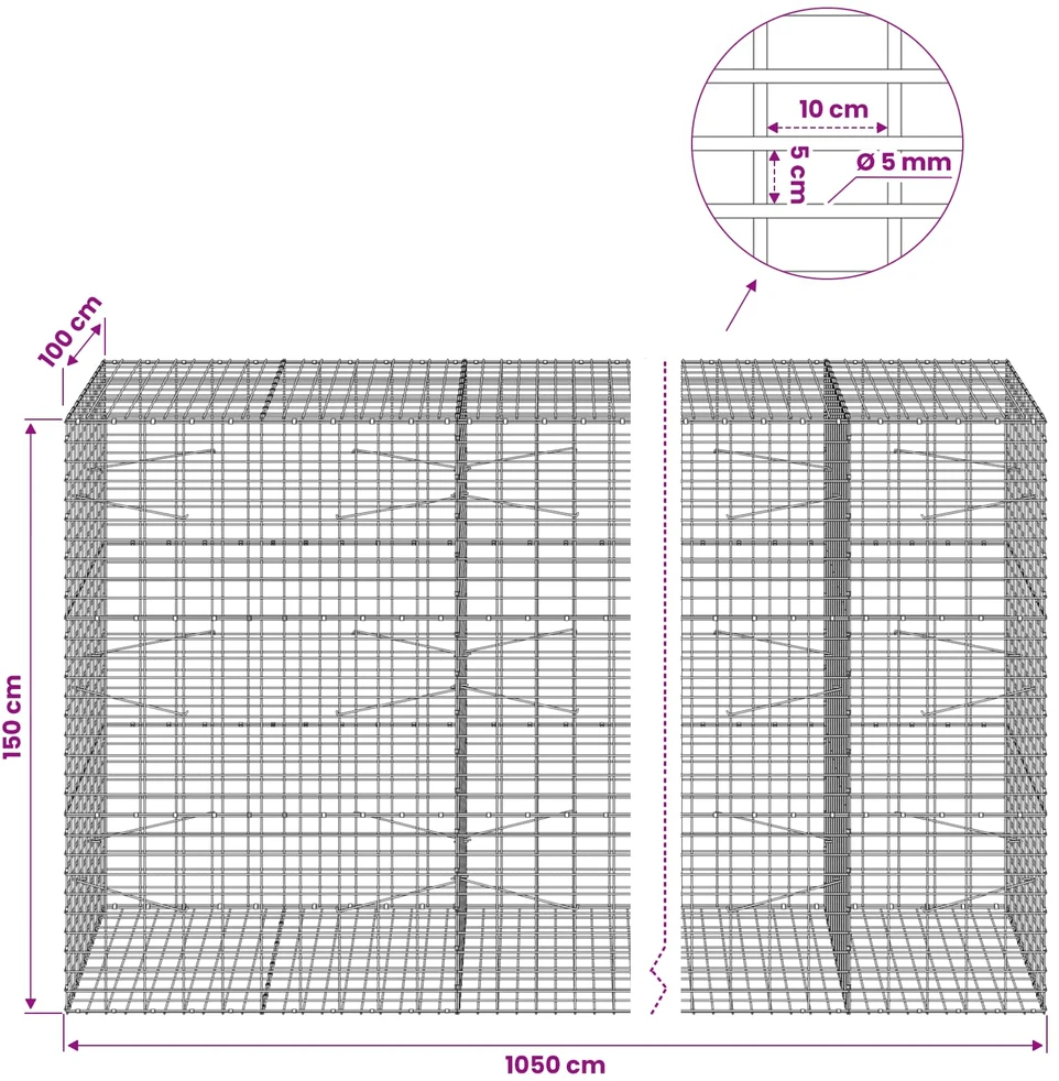Gabionas su 5 mm viela ir 5x10 cm tinkleliu 1050x100x150 cm