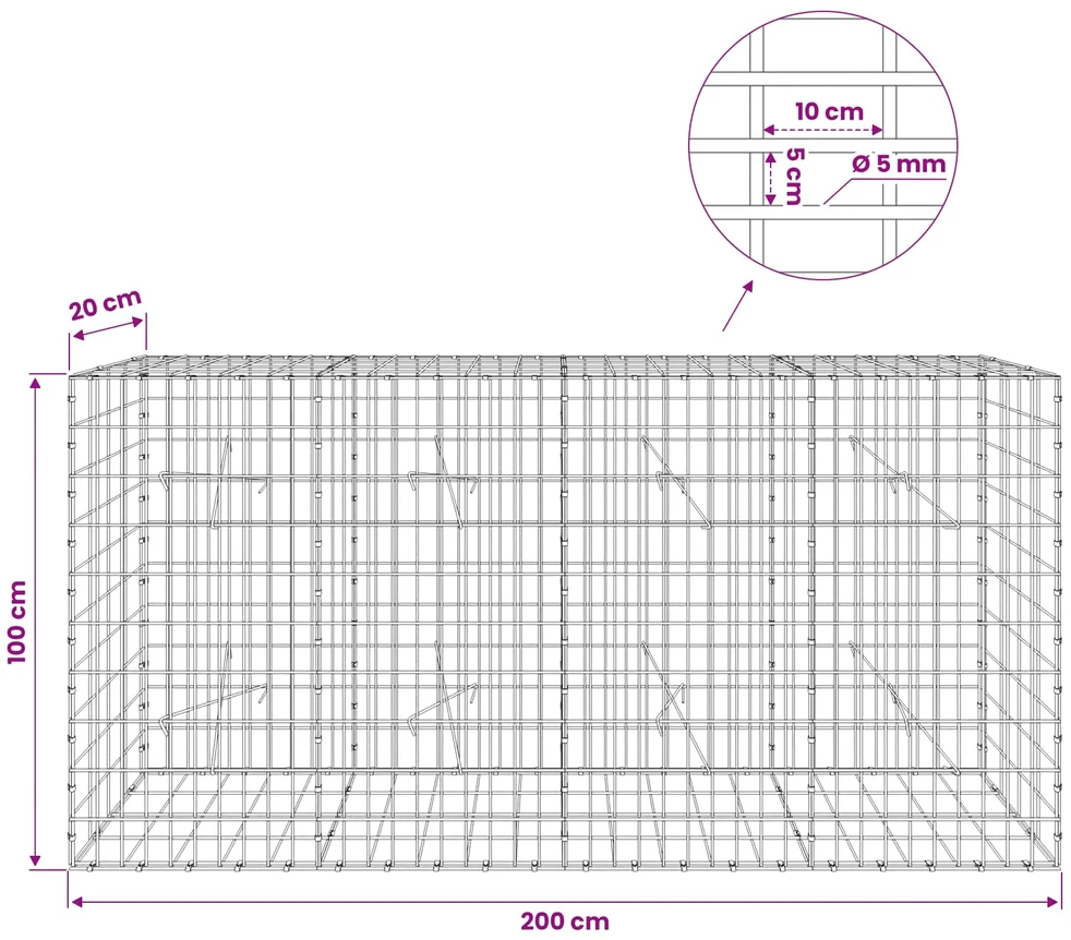 Gabionas su 5 mm viela ir 5x10 cm tinkleliu 200x20x100 cm