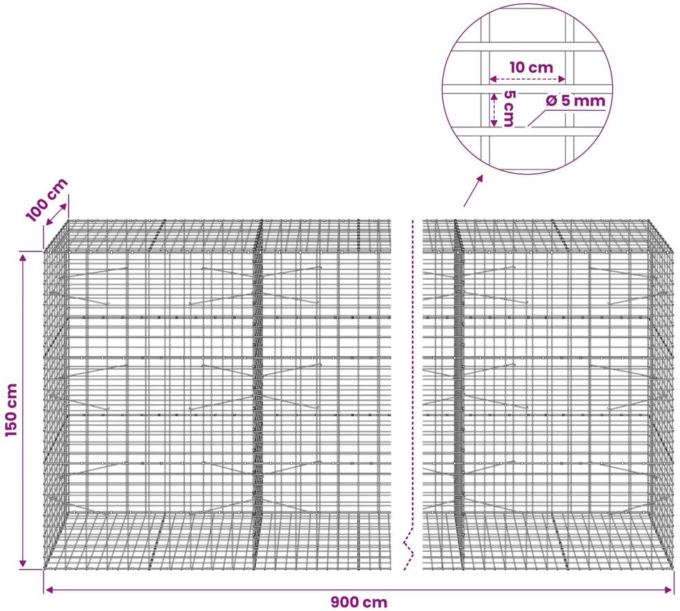 Gabionas su 5 mm Viela ir 5x10 cm Tinkleliu 900x100x150 cm