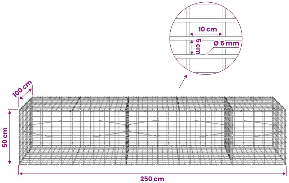 Gabionas su 5 mm viela ir 5x10 cm tinkleliu 250x100x50 cm
