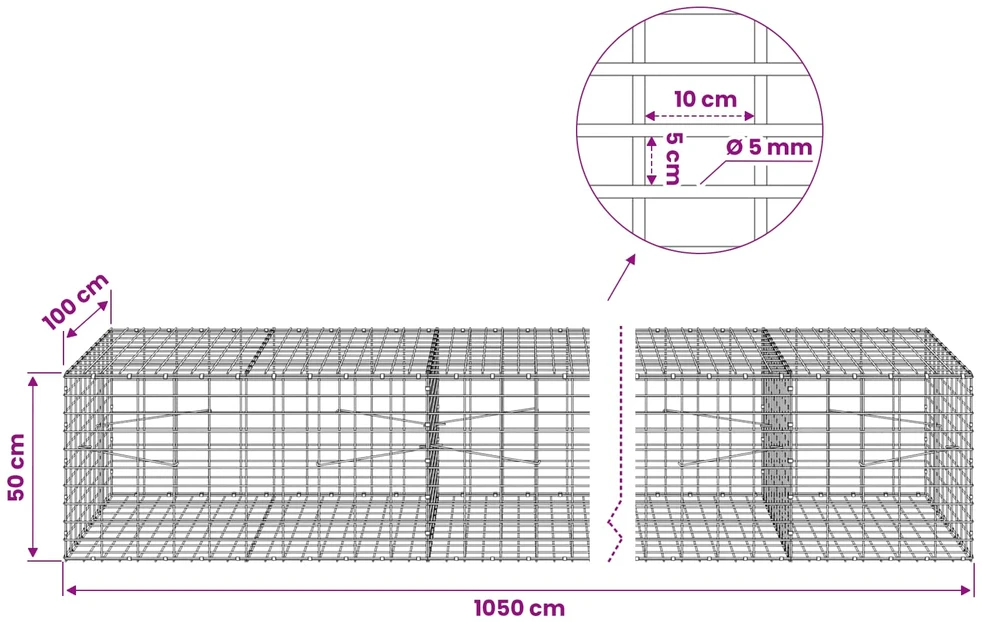 Gabionas su 5 mm viela ir 5x10 cm tinkleliu 1050x100x50 cm