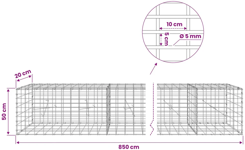 Gabionas su 5 mm viela ir 5x10 cm tinkleliu 850x20x50 cm
