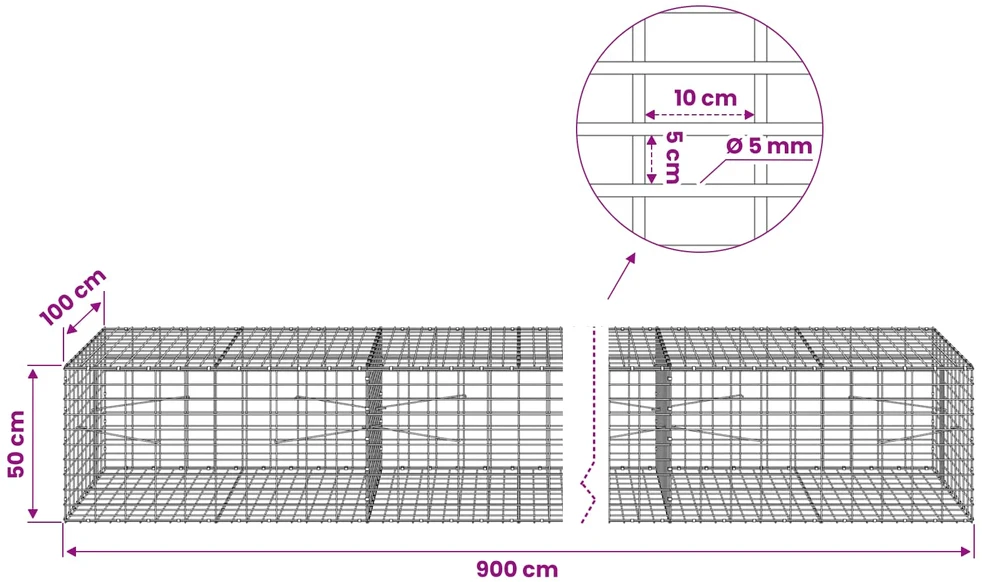 Gabionas su 5 mm Viela ir 5x10 cm Tinkleliu 900x100x50 cm