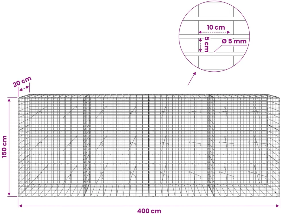 Gabionas su 5 mm viela ir 5x10 cm tinkleliu 400x20x150 cm
