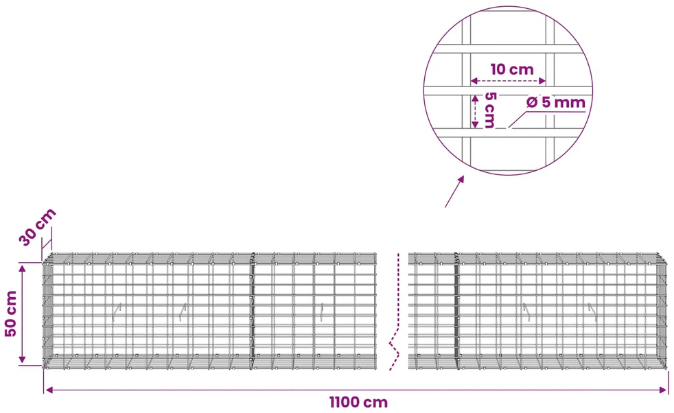 Gabionas su 5 mm Viela ir 5x10 cm Tinkleliu 1100x30x50 cm