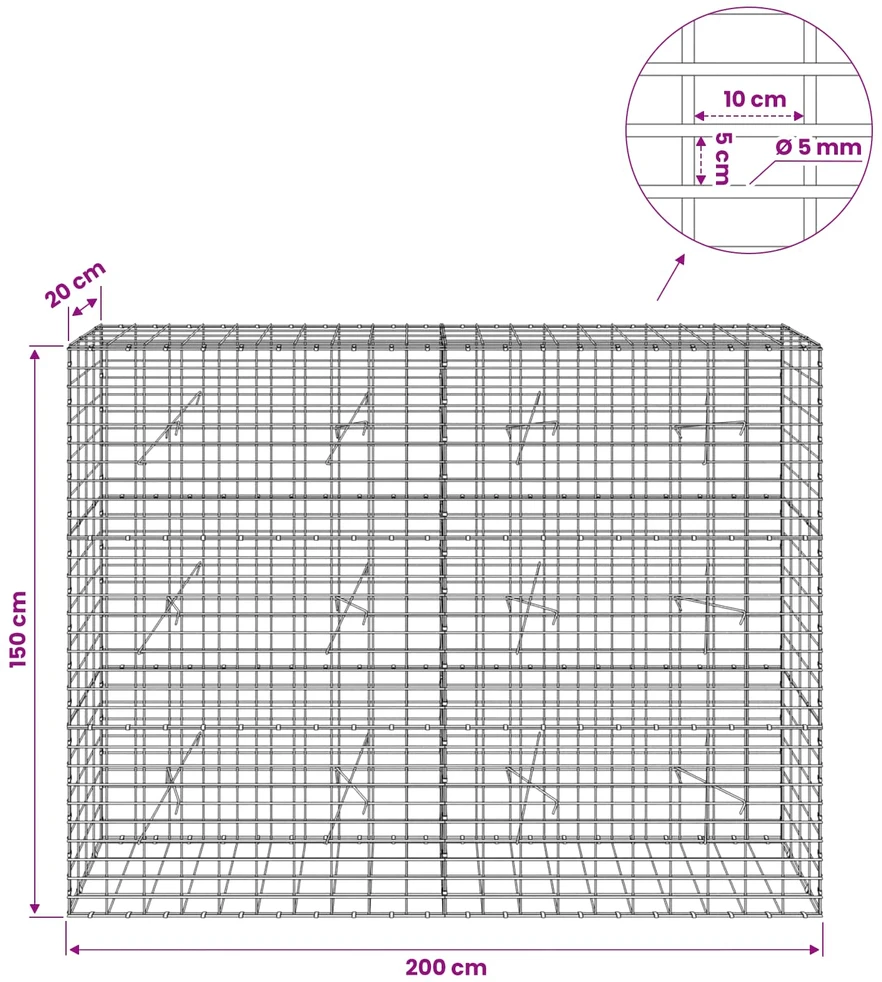 Gabionas su 5 mm Viela ir 5x10 cm Tinkleliu 200x20x150 cm