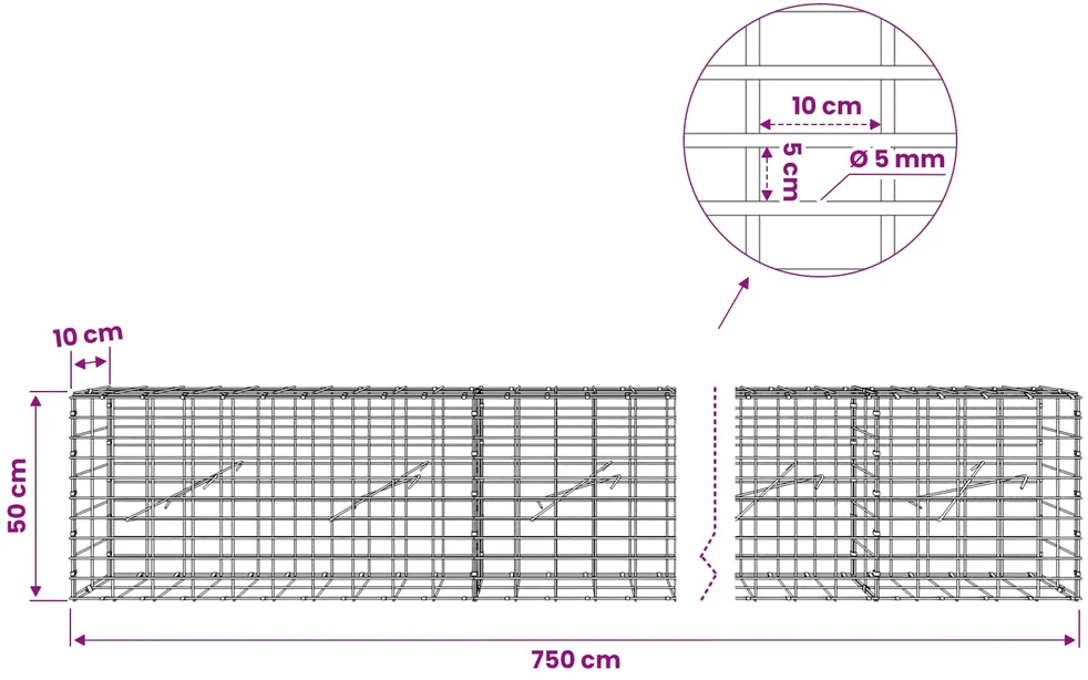 Gabionas su 5 mm viela ir 5x10 cm tinkleliu 750x10x50 cm