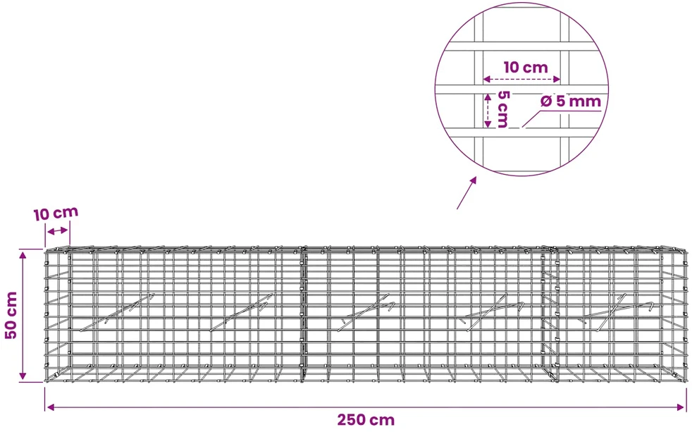 Gabionas su 5 mm Viela ir 5x10 cm Tinkleliu 250x10x50 cm