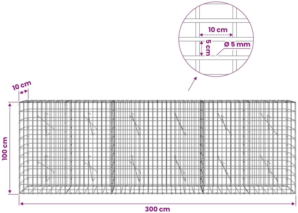 Gabionas su 5 mm Viela ir 5x10 cm Tinkleliu 300x10x100 cm