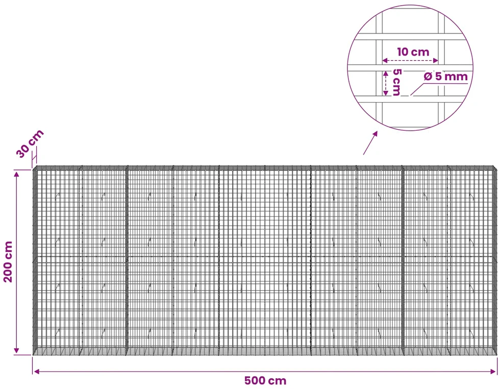 Gabionas su 5 mm viela ir 5x10 cm tinkleliu 500x30x200 cm