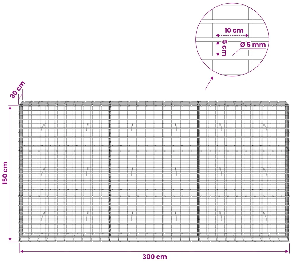 Gabionas su 5 mm Viela ir 5x10 cm Tinkleliu 300x30x150 cm