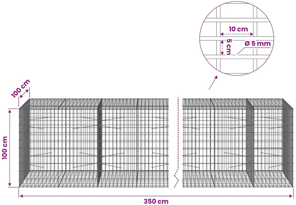 Gabionas su 5 mm viela ir 5x10 cm tinkleliu 350x100x100 cm
