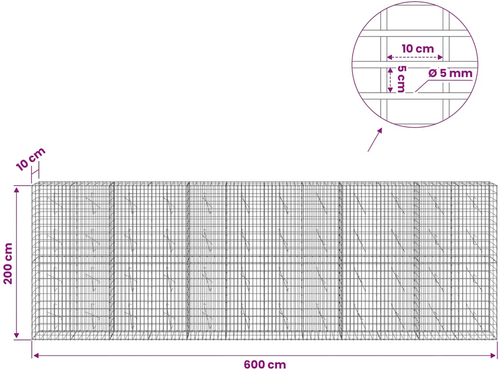 Gabionas su 5 mm Viela ir 5x10 cm Tinkleliu 600x10x200 cm