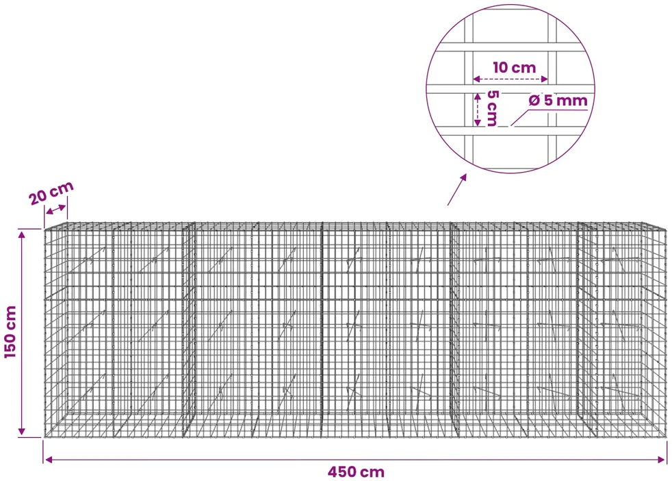 Gabionas su 5 mm viela ir 5x10 cm tinkleliu 450x20x150 cm