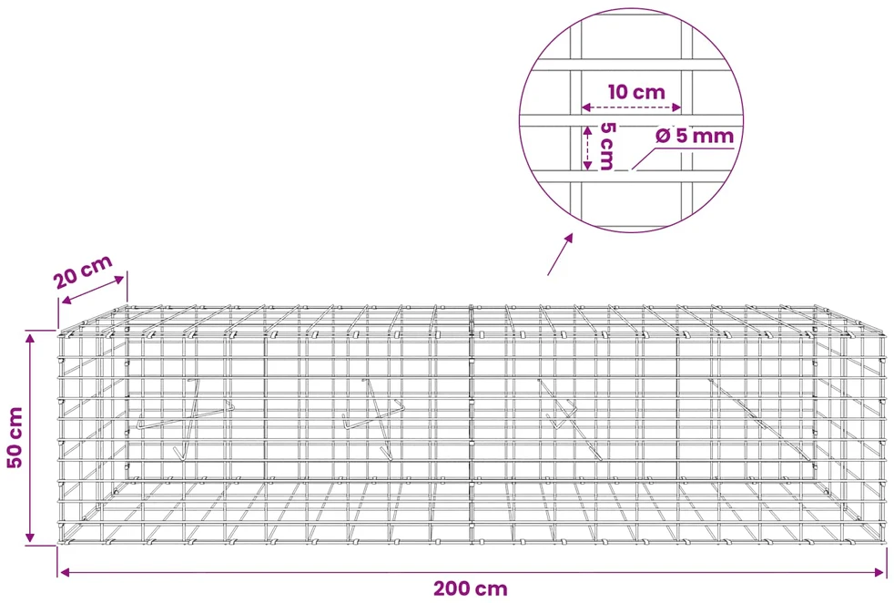 Gabionas su 5 mm Viela ir 5x10 cm Tinkleliu 200x20x50 cm