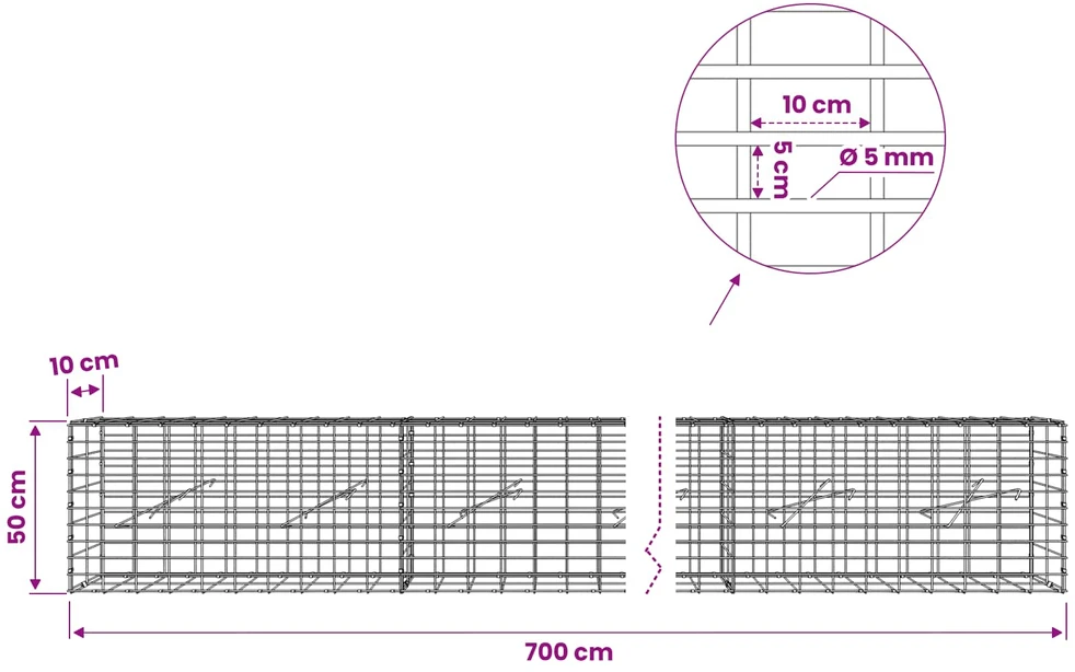 Gabionas su 5 mm viela ir 5x10 cm tinkleliu 700x10x50 cm