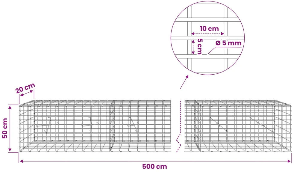 Gabionas su 5 mm Viela ir 5x10 cm Tinkleliu 500x20x50 cm